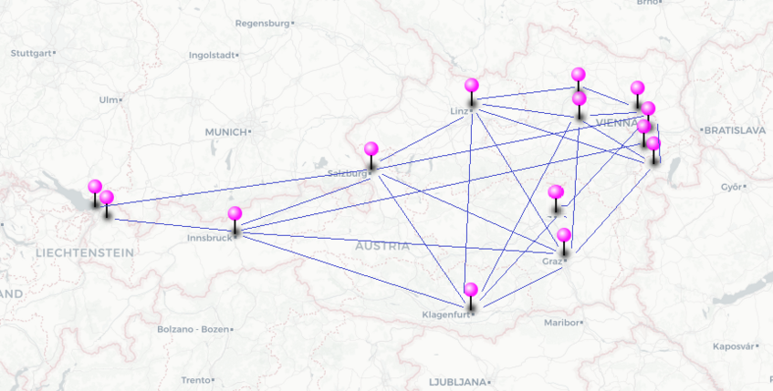 Österreichkarte mit rosa Punkten auf Städten mit Linien verbunden, die das RepManNet und seine Mitglieder illustrieren